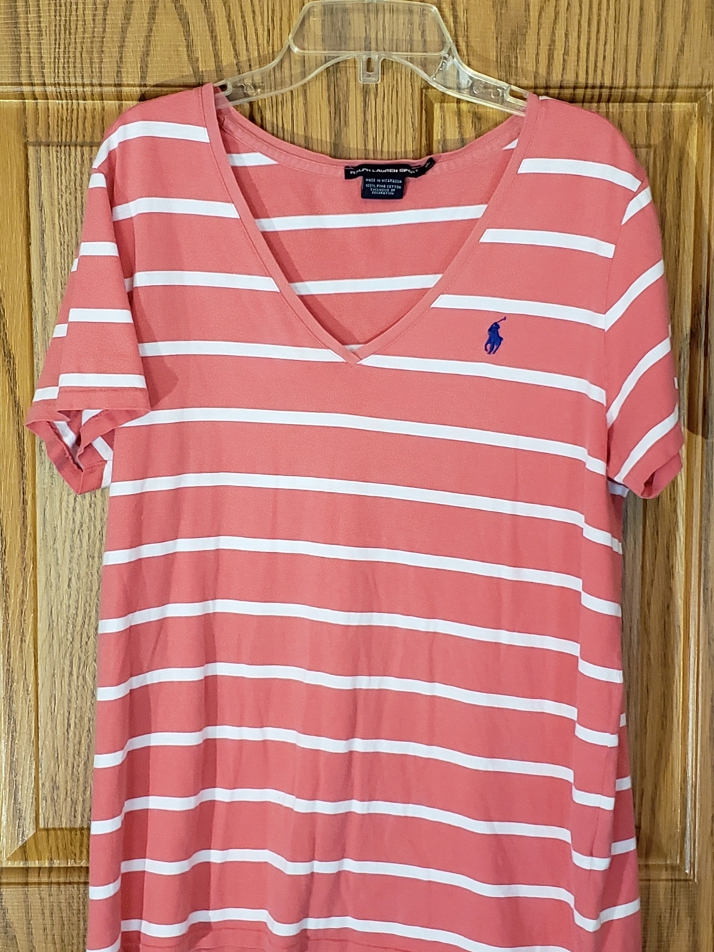 Ralph Lauren Coral Pink & White Striped V-Neck Tee. Xl. Pima Cotton.